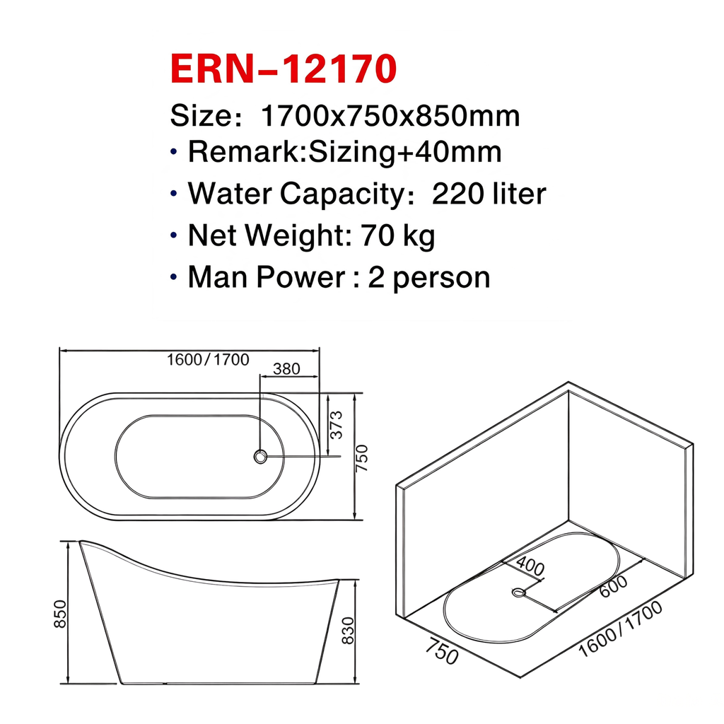 Eurano ERN-12170 2-Person Freestanding Bathtub (1700×750×850mm) Glossy White Acrylic Soaking Tub