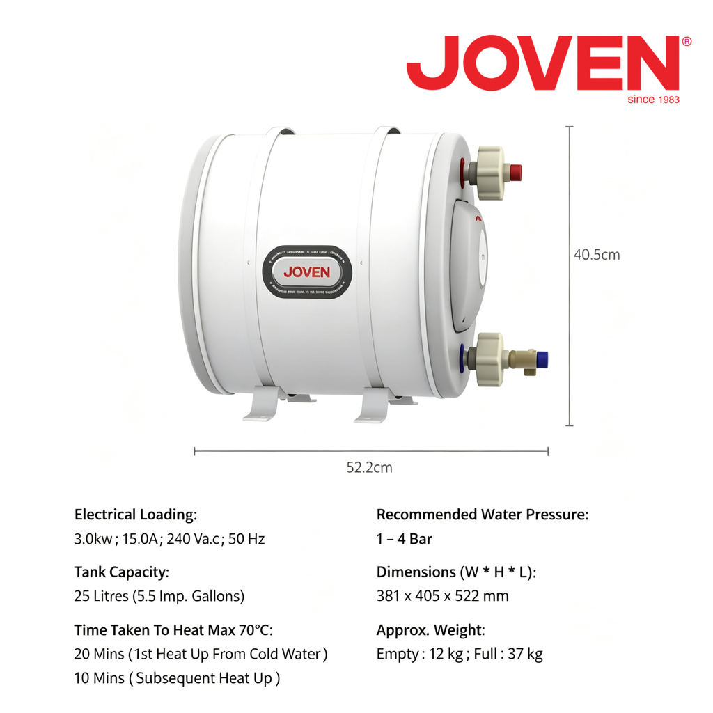 Joven JSH25 Horizontal Storage Water Heater 5.5 Imp. Gal 3.0KW SUS304 Stainless Steel TankElectric Hot Water Heater