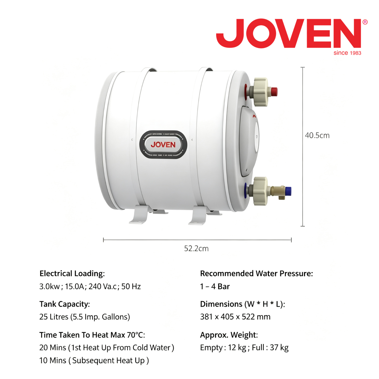 Joven JSH25 Horizontal Storage Water Heater 5.5 Imp. Gal 3.0KW SUS304 Stainless Steel TankElectric Hot Water Heater