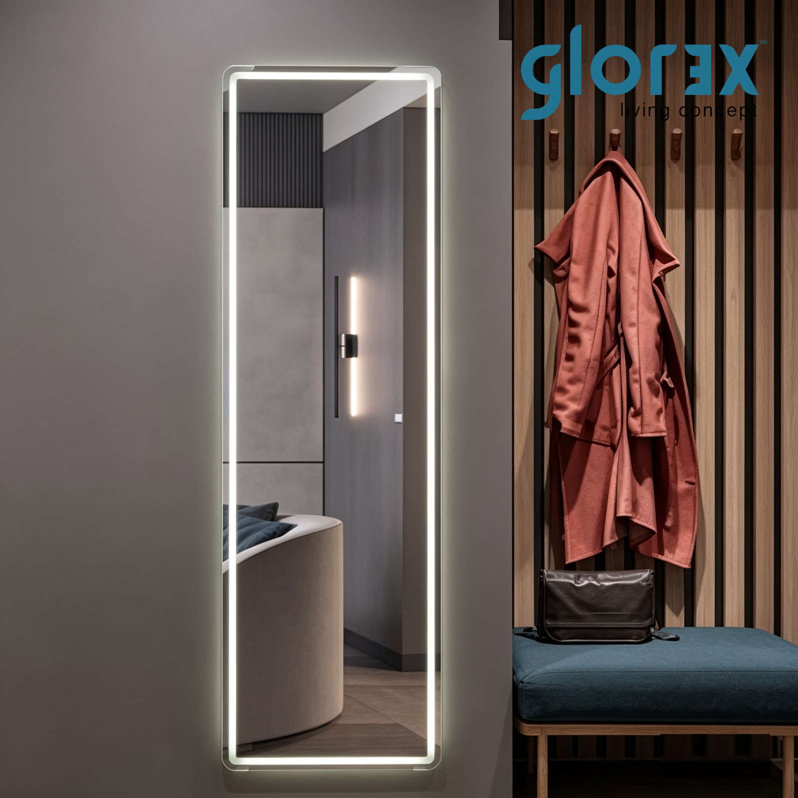 Glorex GLC 3002N(LED) Full Length LED Mirror 500×1600mm Rounded Rectangle Frameless Front + Back Light