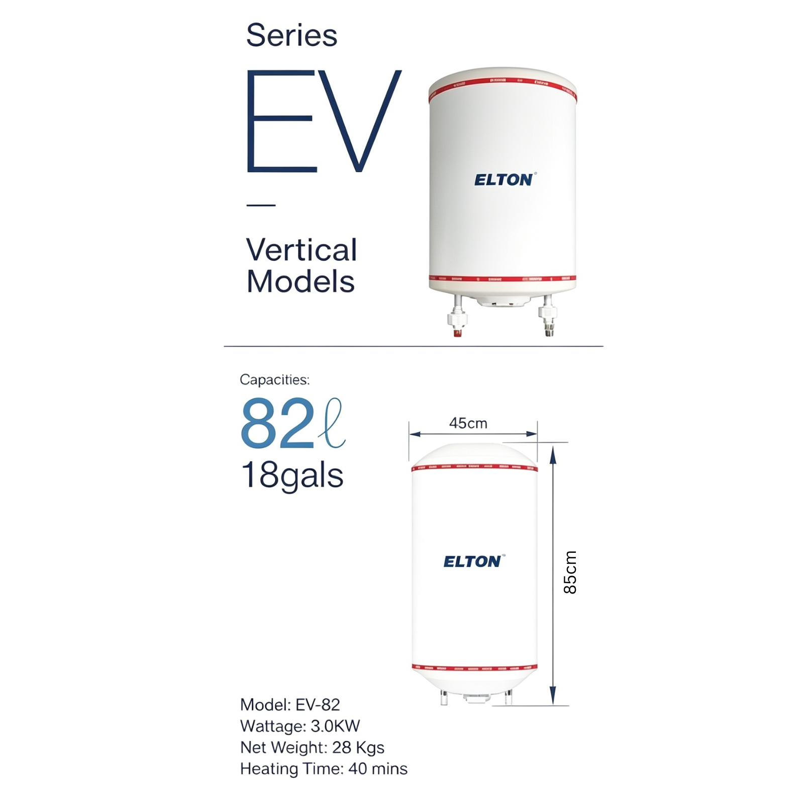 ELTON EV-82 Vertical Storage Water Heater 82 Litres 18 Gals 3.0KW White Stainless Steel Tank Hot Water System