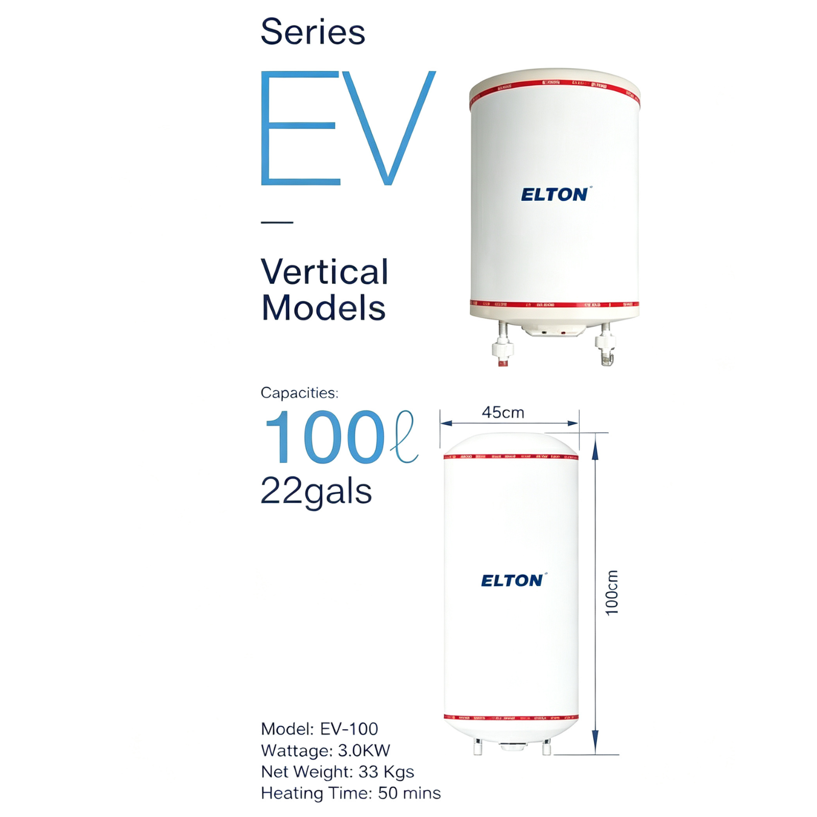 ELTON EV-100 Vertical Storage Water Heater 100 Litres 22 Gals 3.0KW White Stainless Steel Tank Hot Water System