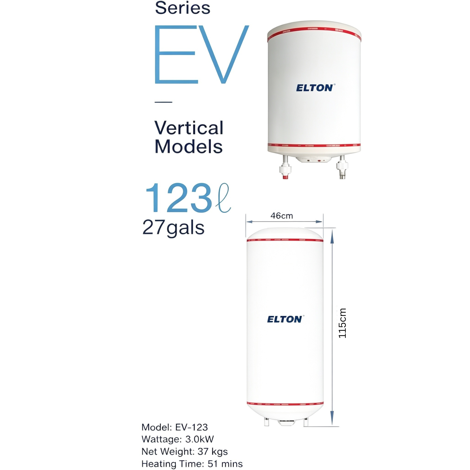 ELTON EV-123 Vertical Storage Water Heater 123 Litres 27 Gals 3.0KW White Stainless Steel Tank Hot Water System