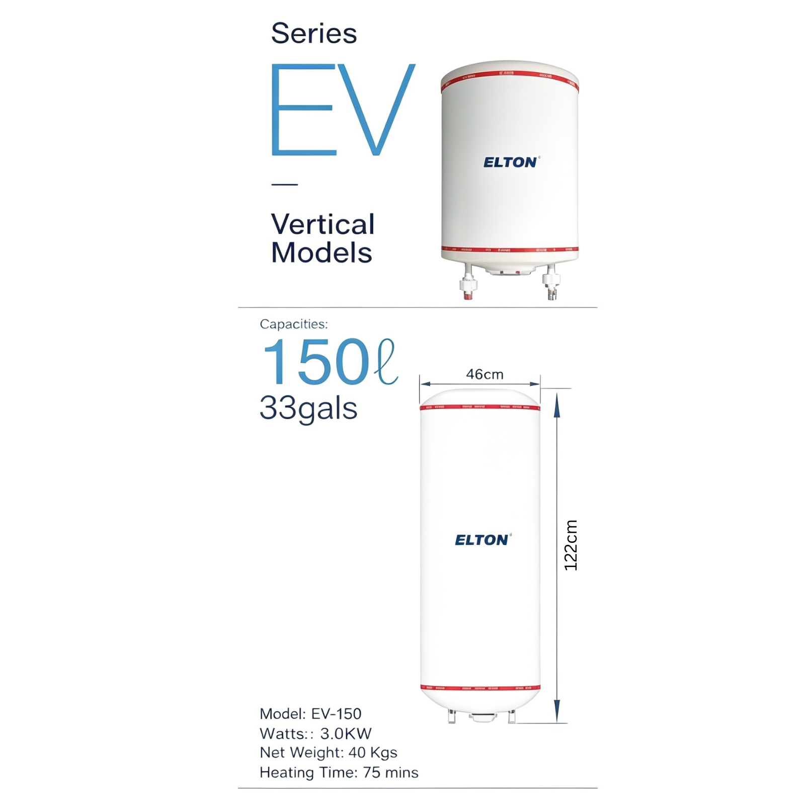 ELTON EV-150 Vertical Storage Water Heater 150 Litres 33 Gals 3.0KW White Stainless Steel Tank Hot Water System