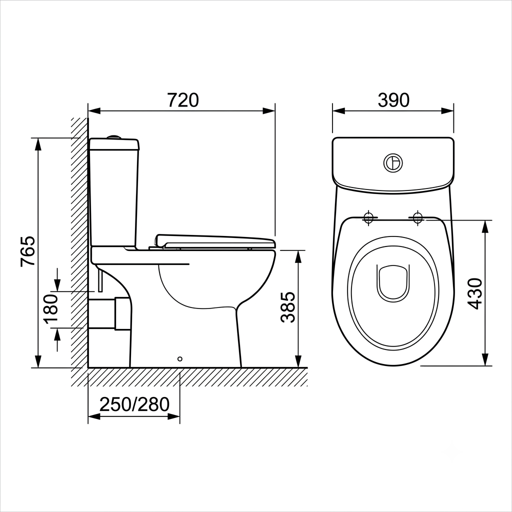 Docasa WD018 P-trap 180mm S-Trap 250mm 280mm Bathroom Closed Couple Washdown WC Water Closet 2 Piece Jamban Duduk Murah