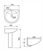 DOCASA BP510 850mm Pedestal Basin White single Pre-punched Tap Hole c/w Overflow