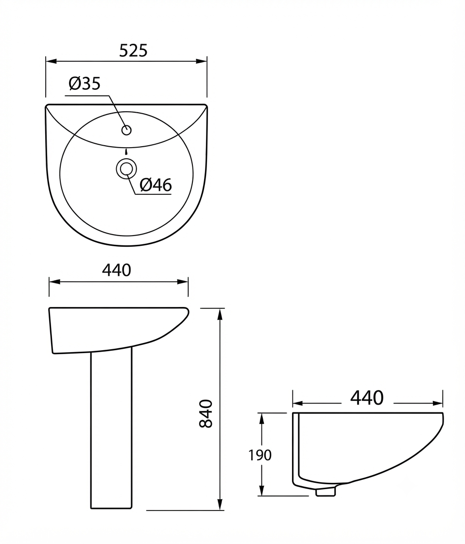 DOCASA BP510 850mm Pedestal Basin White single Pre-punched Tap Hole c/w Overflow