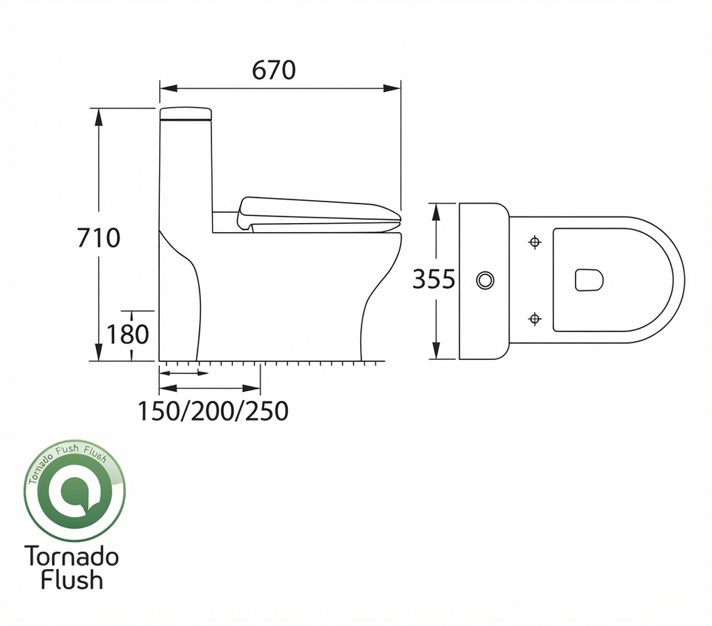Docasa A893 P-trap 180mm S-Trap 150mm 200mm 250mm Bathroom One Piece Rimless Tornado Washdown WC Water Closet 1 Piece Jamban Duduk