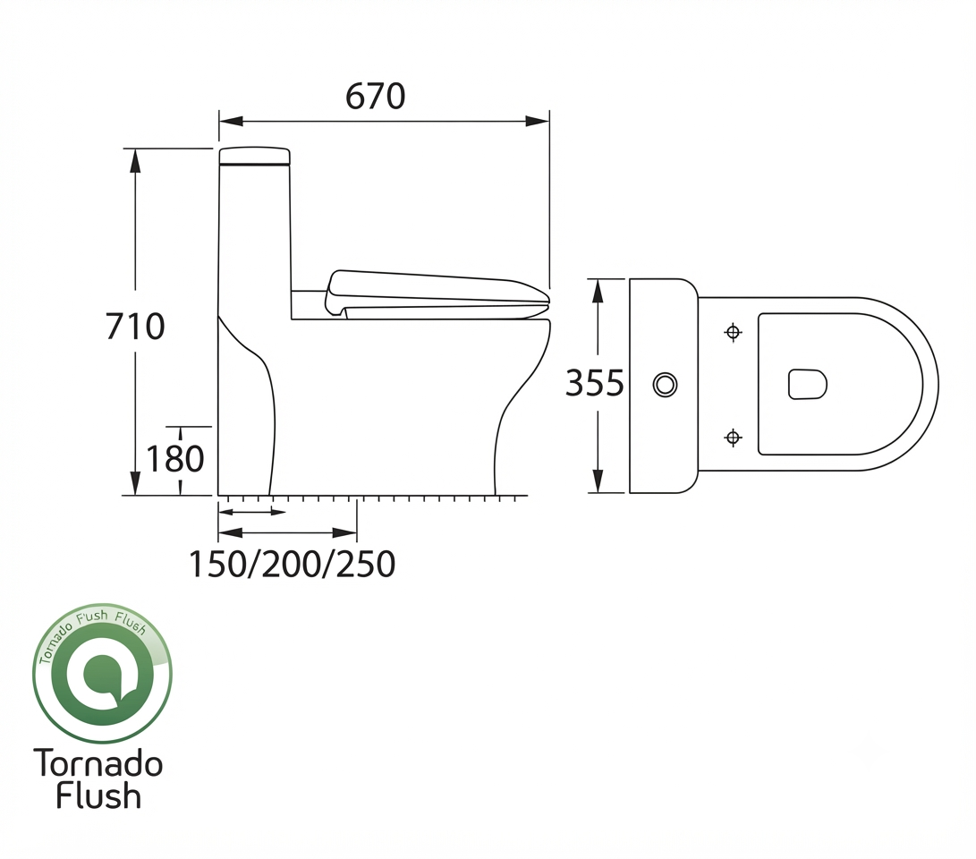 Docasa A893 P-trap 180mm S-Trap 150mm 200mm 250mm Bathroom One Piece Rimless Tornado Washdown WC Water Closet 1 Piece Jamban Duduk