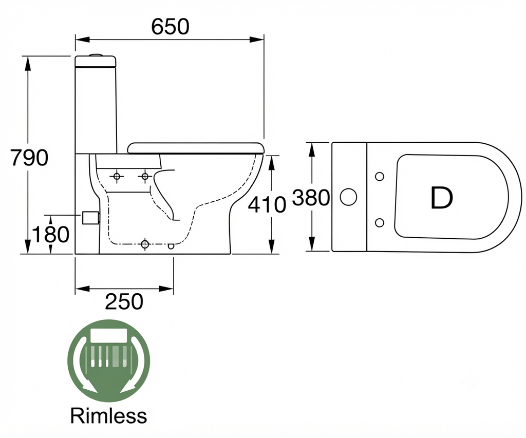 Docasa WD008 P-trap 180mm S-Trap 250mm Bathroom Closed Coupled Rimless Washdown WC Water Closet Jamban Duduk