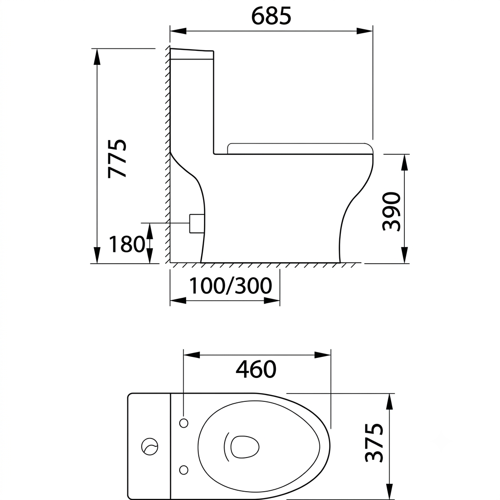 Docasa A400 P-trap 180mm S-Trap 100mm till 300mm Bathroom One Piece Rimless Washdown WC Water Closet 1Piece Jamban Duduk