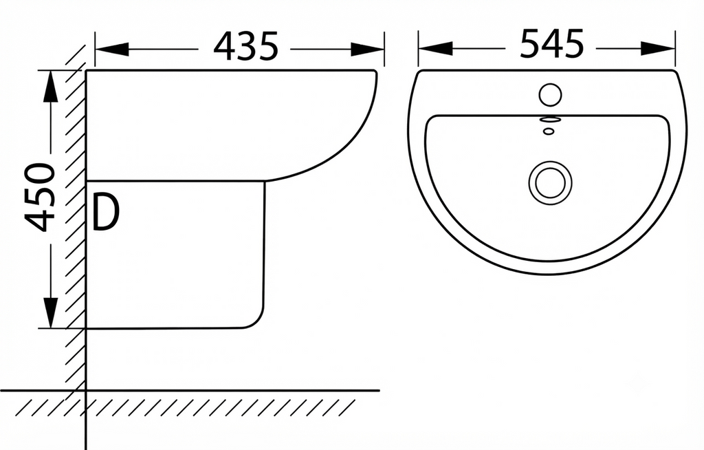 DOCASA BP301 450mm Half Pedestal Basin White single Pre-punched Tap Hole c/w Overflow