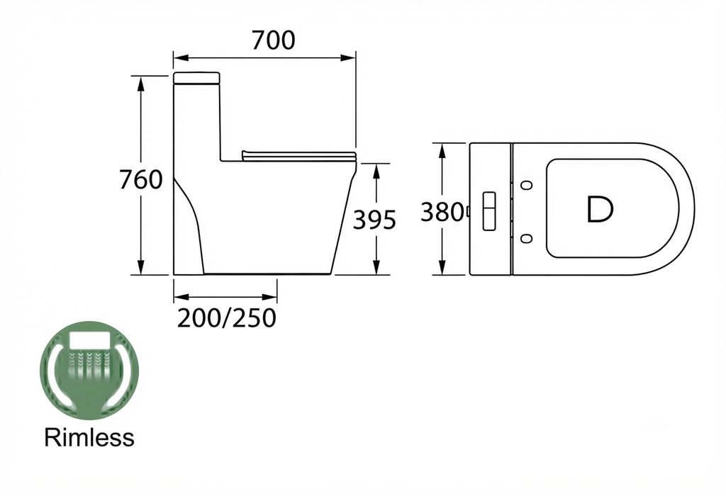 Docasa A888 S-Trap 200mm 250mm Bathroom One Piece Rimless Washdown WC Water Closet 1 Piece Jamban Duduk