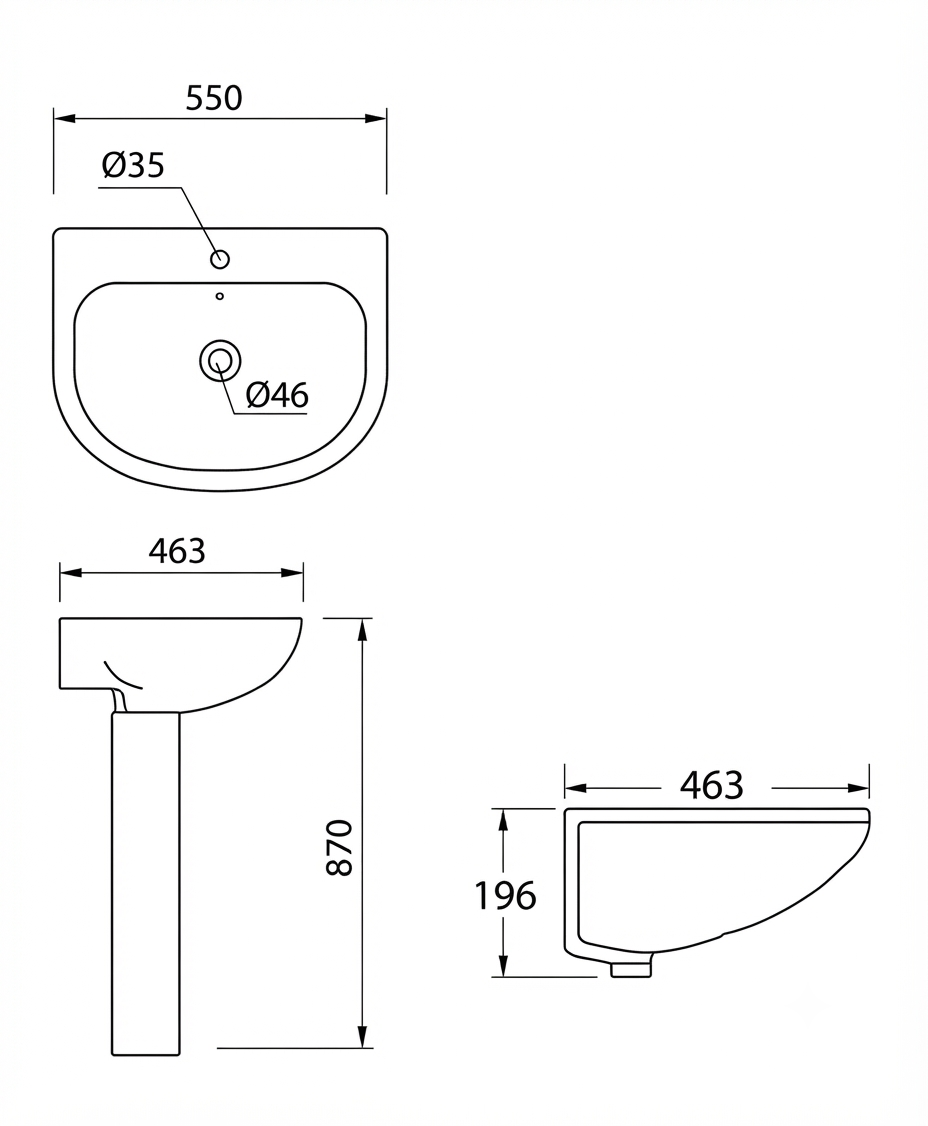 DOCASA BP515 850mm Pedestal Basin White single Pre-punched Tap Hole c/w Overflow