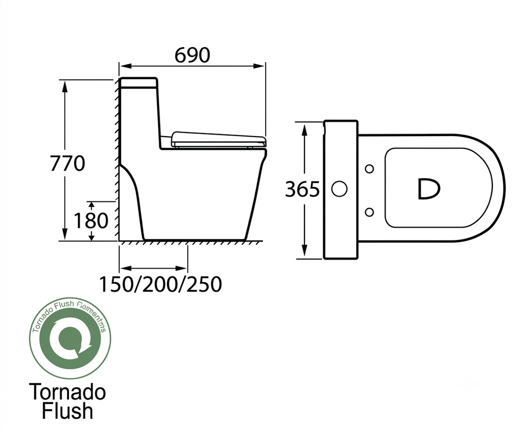 Docasa A286 P-trap 180mm S-Trap 250mm 200mm 150mm Bathroom One Piece Rimless Washdown WC Water Closet 1 Piece Jamban Duduk