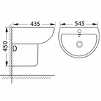 DOCASA BP301 450mm Half Pedestal Basin White single Pre-punched Tap Hole c/w Overflow