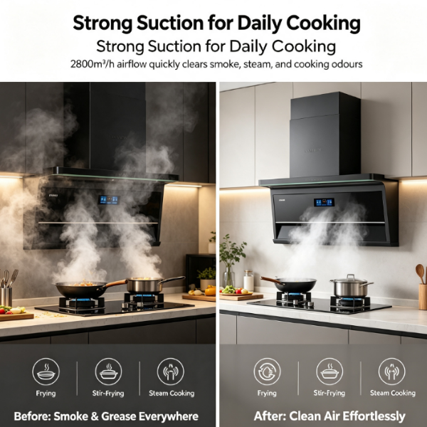 LIVINOX LCH-SUGI DC-90FB Black Cooker Hood – 2800 m³/h Powerful Suction, BLDC LGH Series Gas Hob Combo