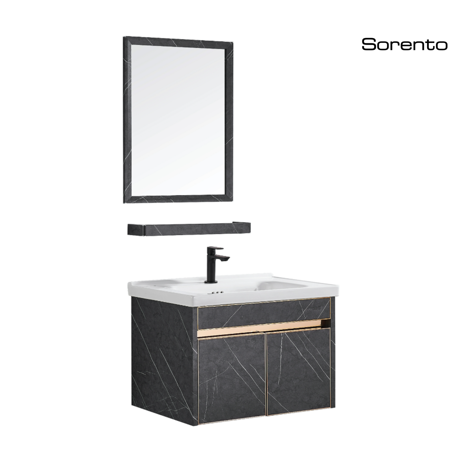 Sorento SRTBF31417 600mm Black Bathroom Vanity Set | 6-in-1 Bathroom Furniture with Mirror, Shelf, Cold Tap & Pop-Up Waste