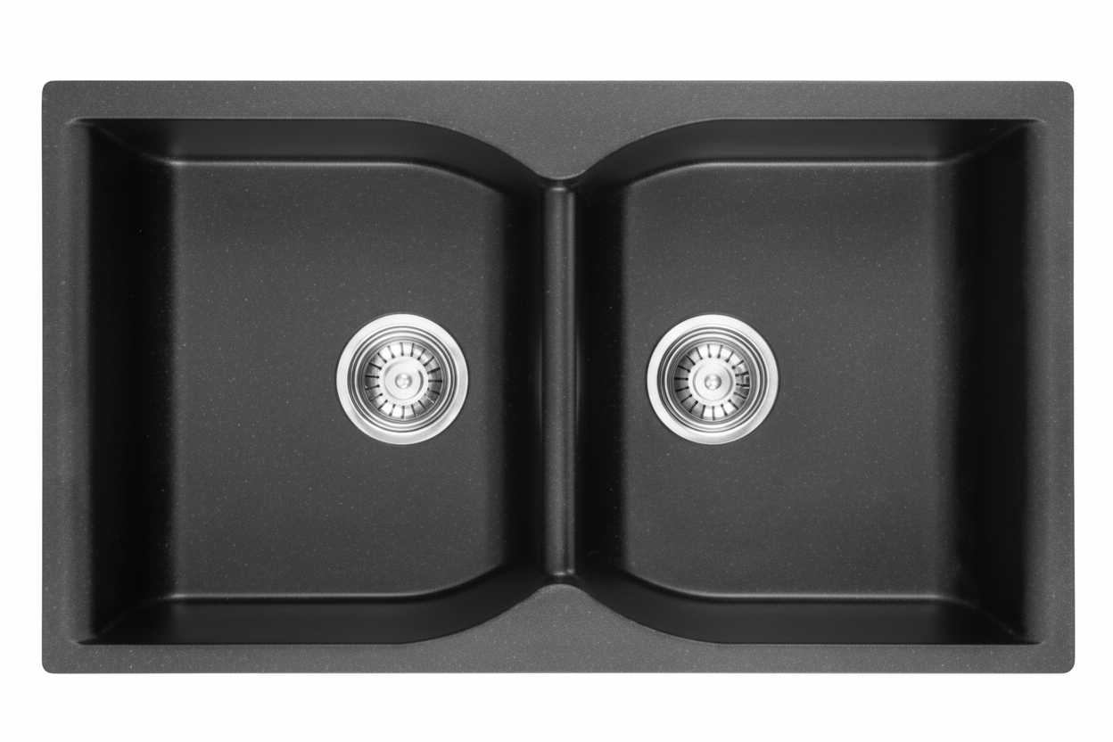 GLORY GL8650-B 860mm Granite Stone Kitchen Sink Top-Mount Double Bowl Matt Sinki Dapur