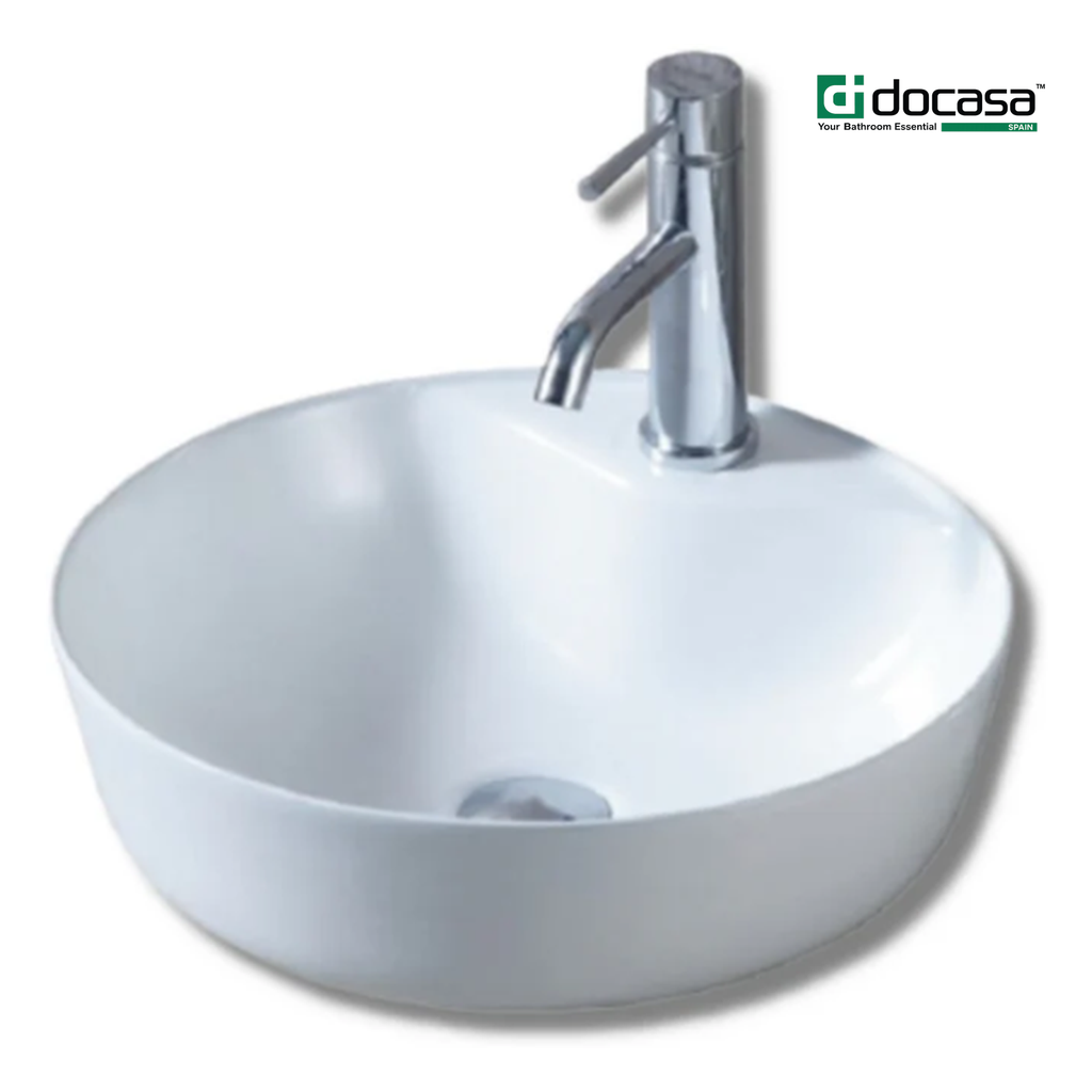 DOCASA 1090A 425mm Circle Counter Mounting Wash White Basin come with single pre-punched tap hole & cap