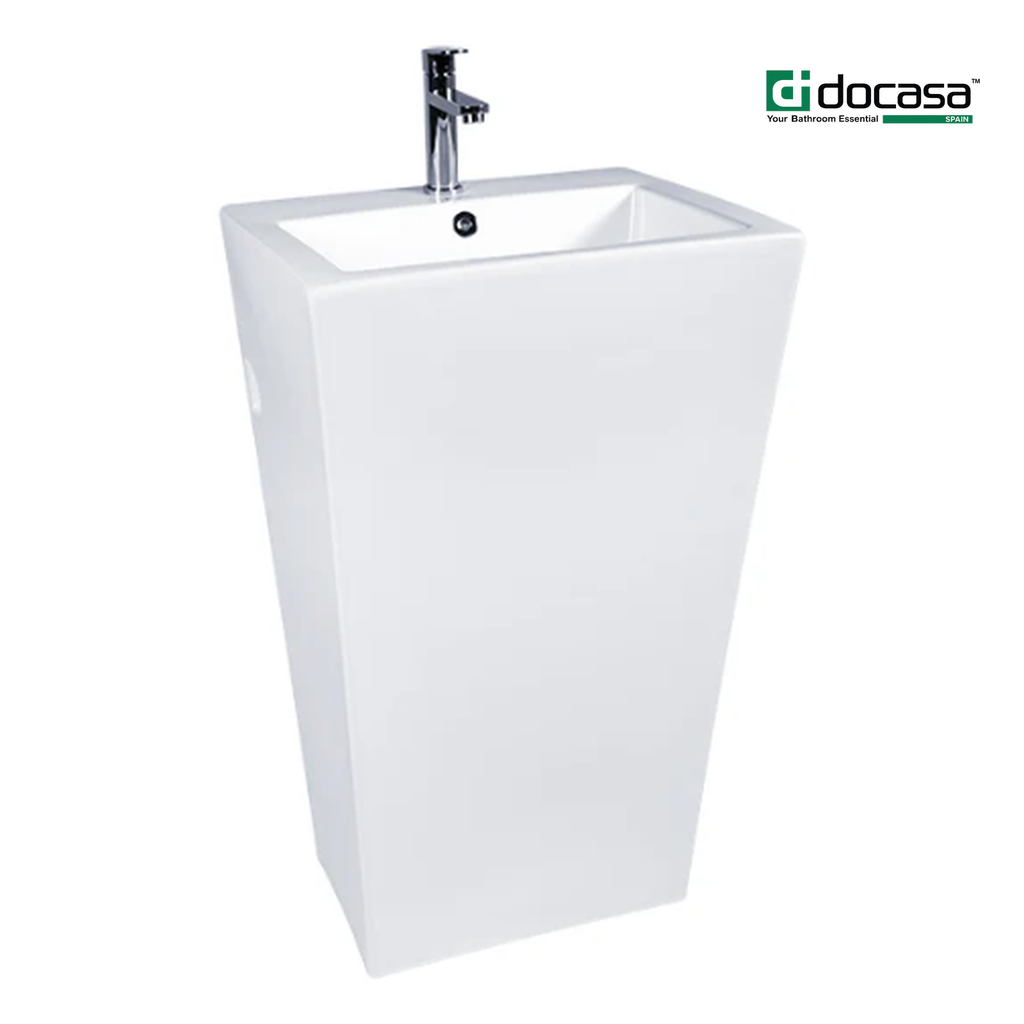 DOCASA FSB200 855mm Floor Standing Ceramic Wash Basin | Premium White Bathroom Sink with Tap Hole, Overflow & Cap