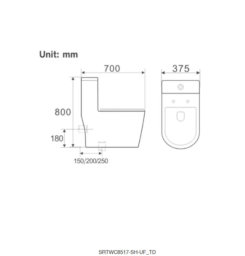Sorento SRTWC8517-SH-UF One Piece Water Closet Twister Flushing Technology S-Trap 150/200/250mm, P-Trap 180mm