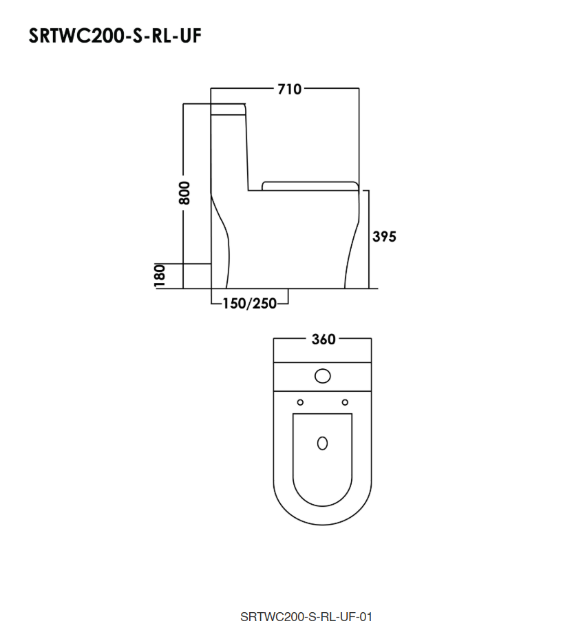 Sorento SRTWC200-S-RL-UF One Piece Water Closet Washdown With Rimless Flushing Technology S-Trap 150/250mm