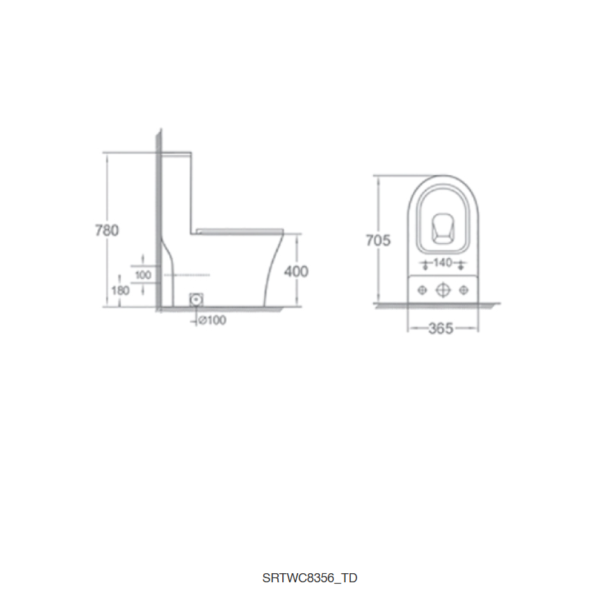 Sorento SRTWC8356-RL One Piece Water Closet Washdown With Rimless Flushing Technology S-Trap 250mm