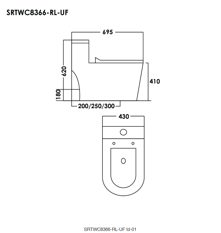 Sorento SRTWC8366-RL-UF One Piece Water Closet Washdown With Rimless Flushing Technology S-Trap 200/250/300mm, P-Trap 180 mm