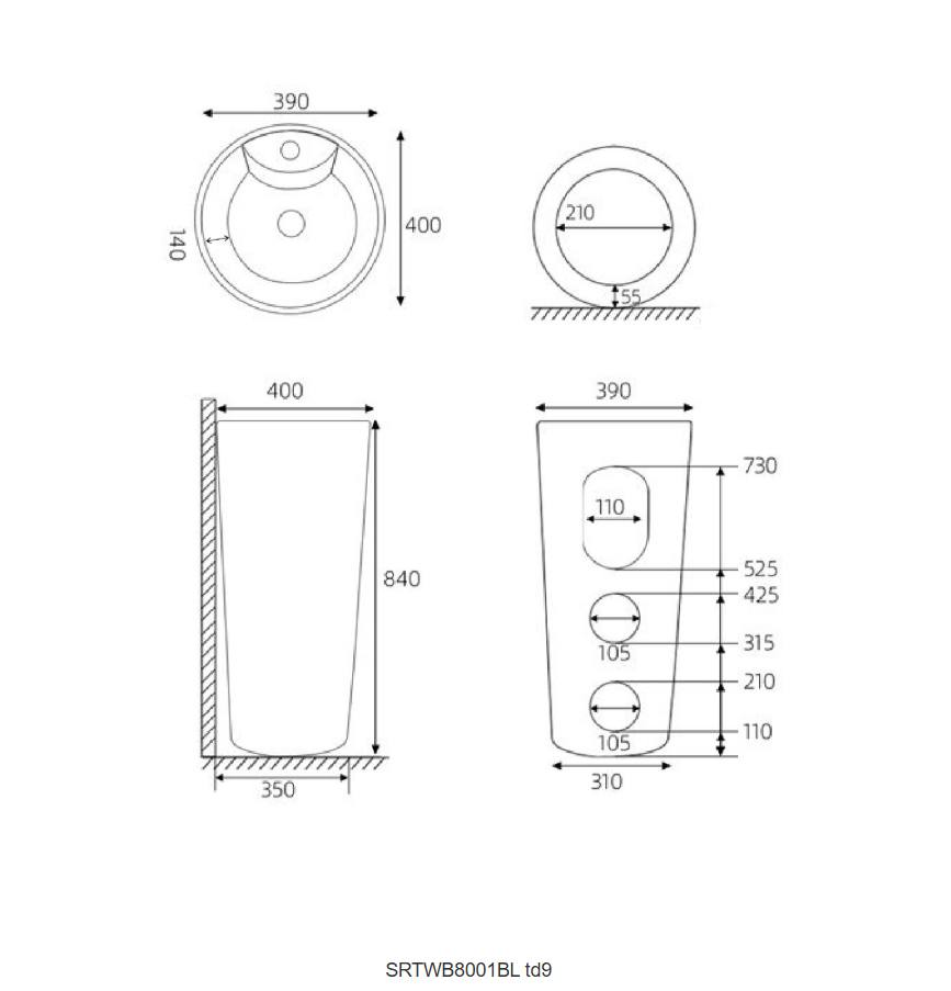 Sorento SRTWB8001-BL 400mm Freestanding Ceramic Wash Basin with Overflow | Black Bathroom Basin