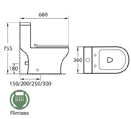 Docasa A375 P-Trap 180 S-Trap 150mm 200mm 250mm 300mm Bathroom One Piece Rimless WC Water Closet 1 Piece Jamban Duduk PP