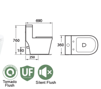 Docasa A380 P-Trap 180 S-Trap 250mm Bathroom One Piece Tornado Rimless WC Water Closet 1Piece Jamban Duduk UF Solf Close
