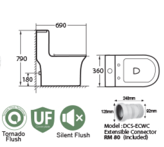 Docasa A444 P-Trap 180mm S-Trap 100mm - 300mm Bathroom One Piece Tornado Rimless WC One Piece Jamban Duduk UF Solf Close