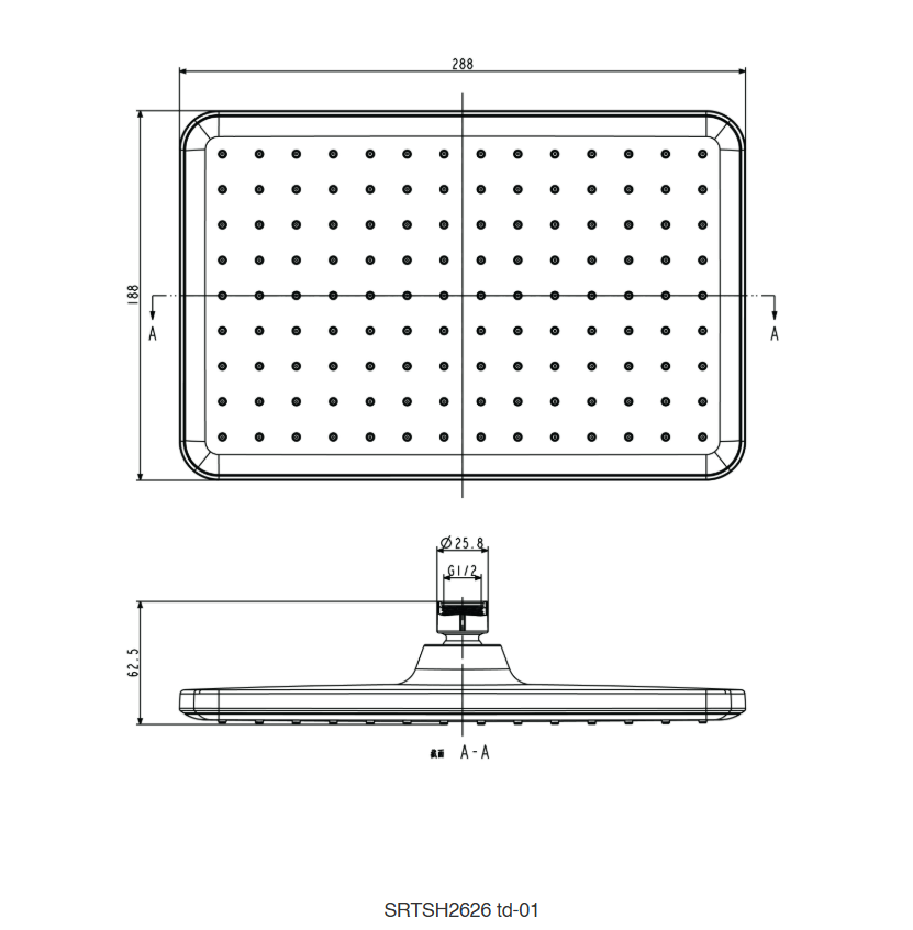 SORENTO SRTSH2626-BL 285mm Matte Black Square Fixed ABS Rain Shower Head