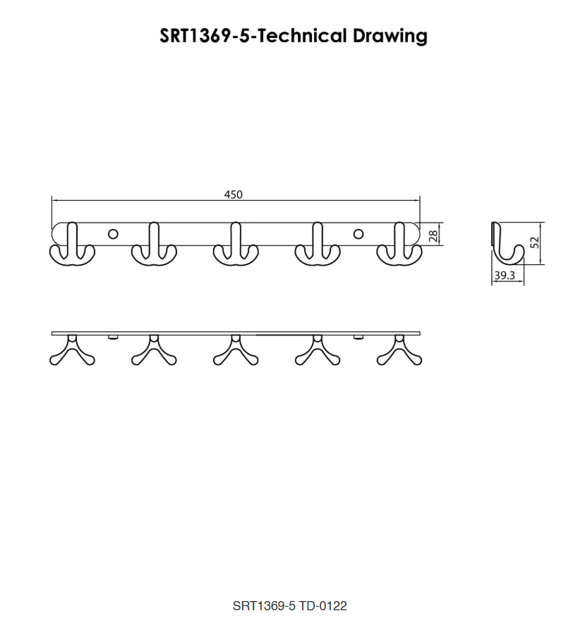 SORENTO SRT1369-5-GY 435mm Gold Brass Five Robe Hook Bar