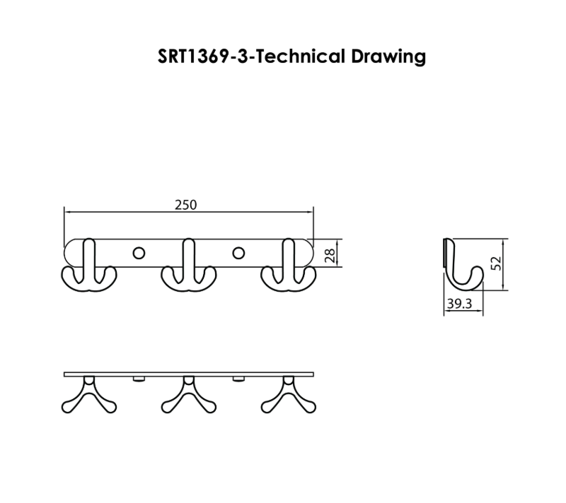 SORENTO SRT1369-3-GY 235mm Gold Brass Triple Robe Hook Bar