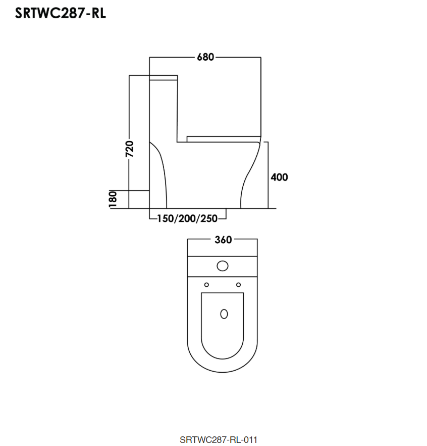 Sorento SRTWC287-RL One Piece Water Closet Washdown With Rimless Flushing Technology S-Trap 150/200/250mm, P-Trap 180 mm