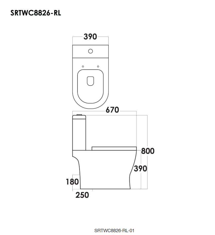 Sorento SRTWC8826-RL Close Coupled Water Closet Washdown with Rimless Flushing Technology S-Trap 250mm, P-Trap 180mm