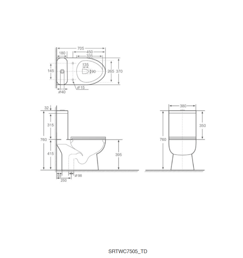 Sorento SRTWC7505 Close Coupled Water Closet Washdown with Rimless Flushing Technology S-Trap 250mm