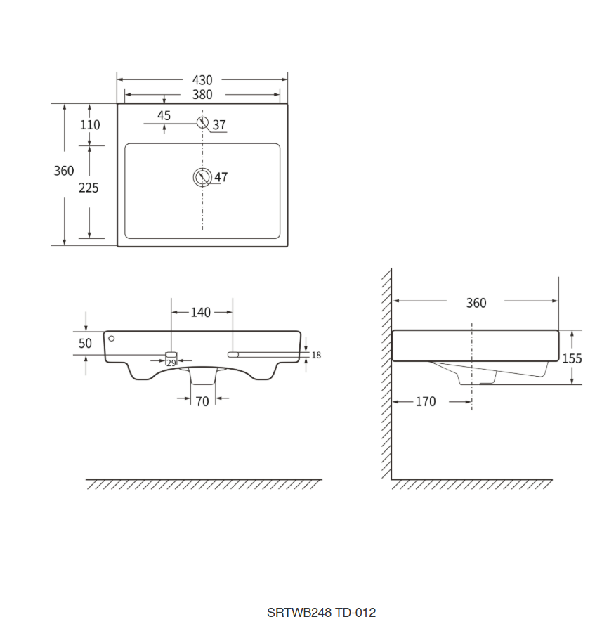 Sorento SRTWB248-MBL 430mm Wall Hung Ceramic Wash Basin with Overflow | Black Bathroom Sink