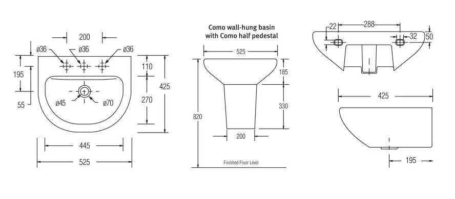 JOHNSON-SUISSE COMO Wall Hung Basin 525 x 425 x 200 MM | Ceramic Wash Basin