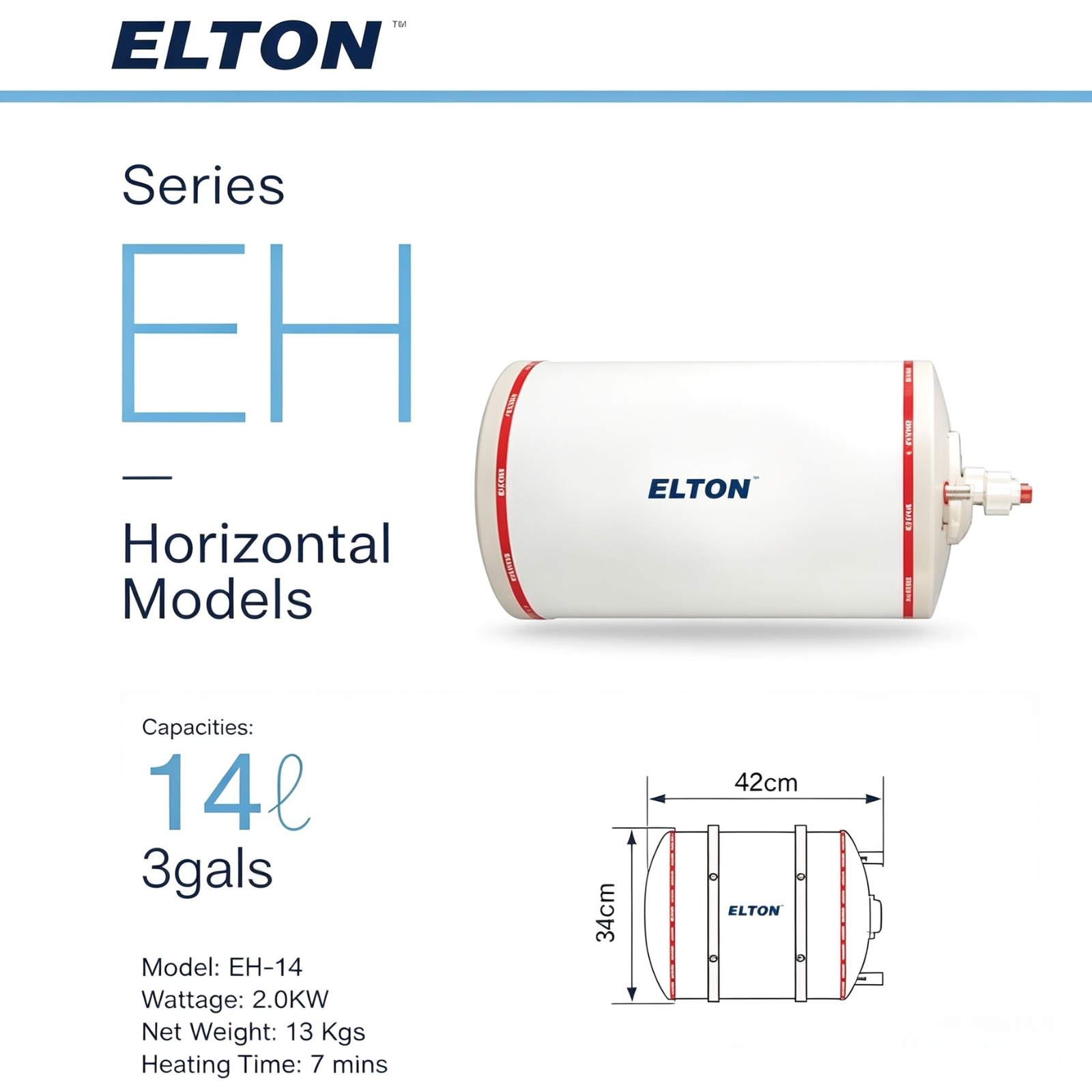 ELTON EH-14 14L Horizontal Storage Water Heater Fast Heating 2.0KW Stainless Steel Tank Multi-Point Hot Water System