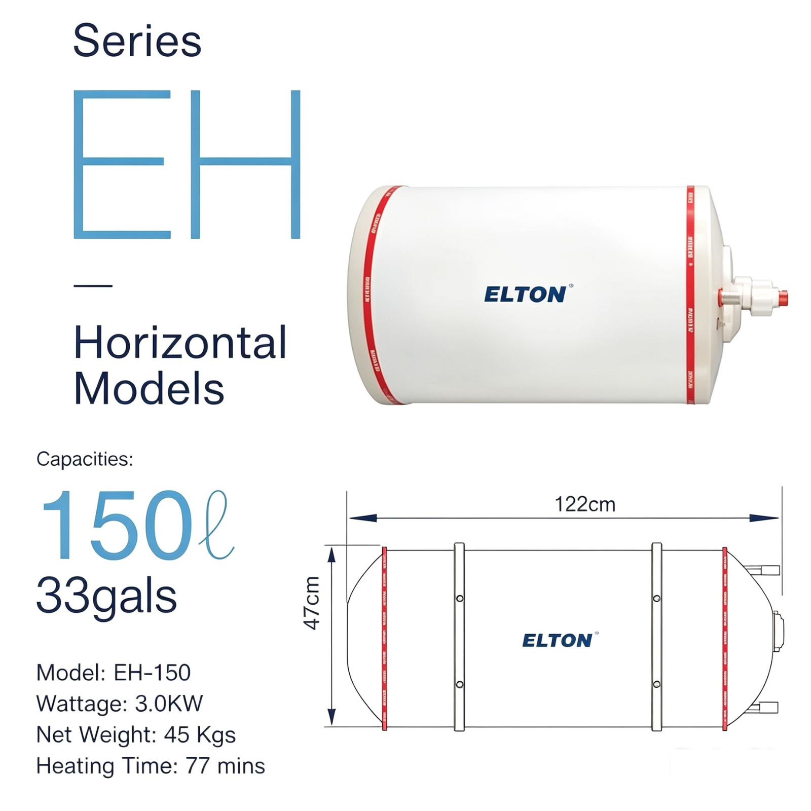 ELTON EH-150 150L 33gals Horizontal Storage Water Heater Fast Heating 3.0KW Stainless Steel Tank Hot Water System