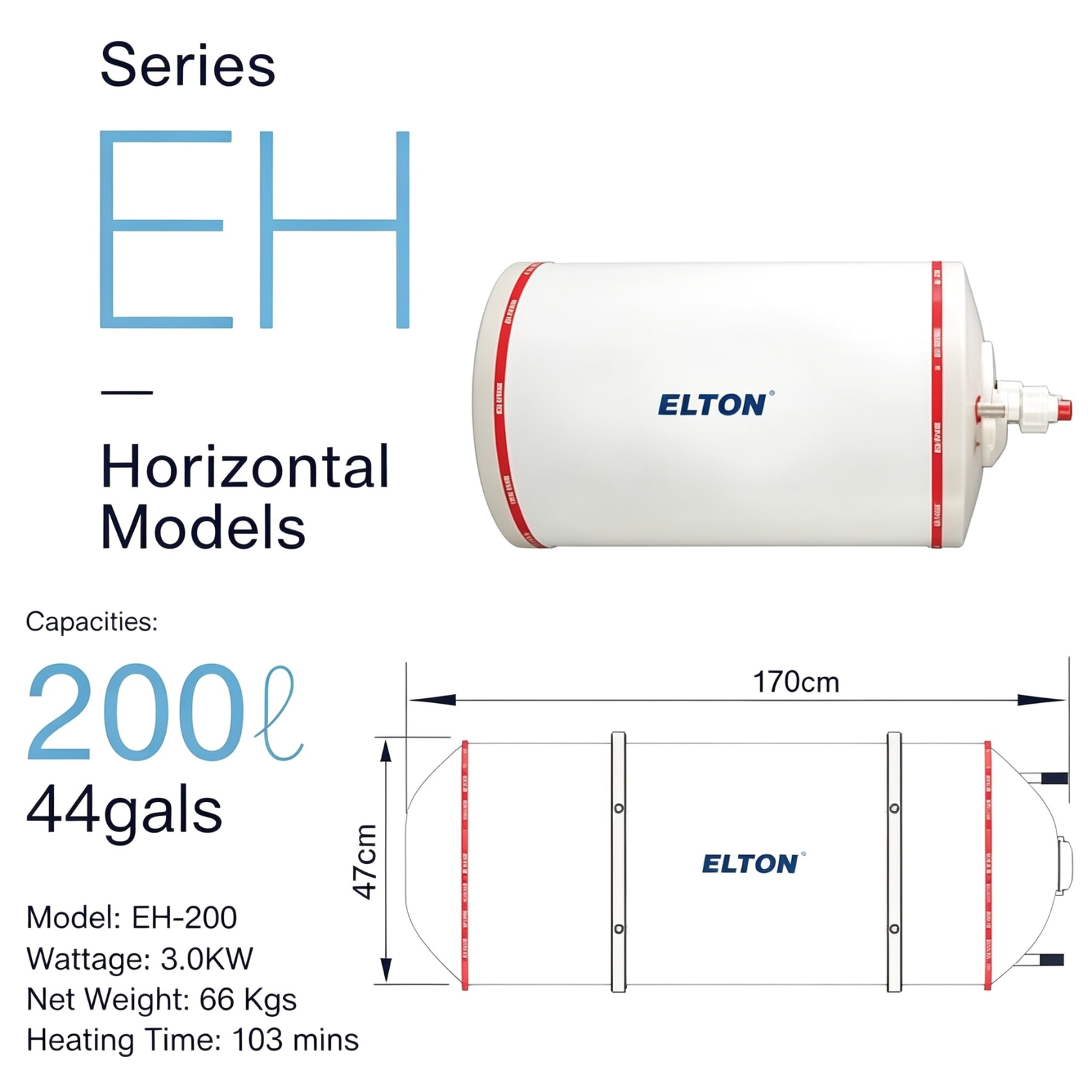 ELTON EH-200 200L 44gals Horizontal Storage Water Heater Fast Heating 3.0KW Stainless Steel Tank Hot Water System