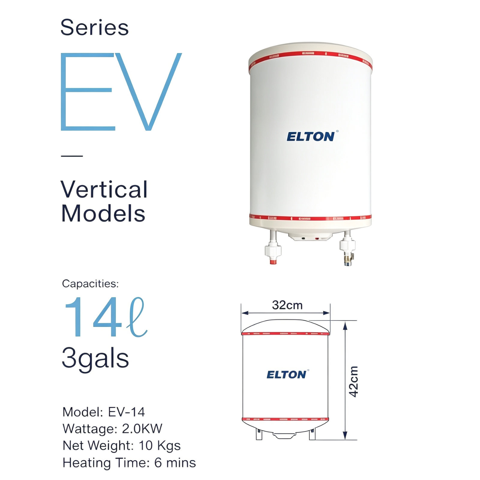 ELTON EV-14 Vertical Storage Water Heater 14 Litres 3 Gals 2.0KW White Stainless Steel Tank Hot Water System