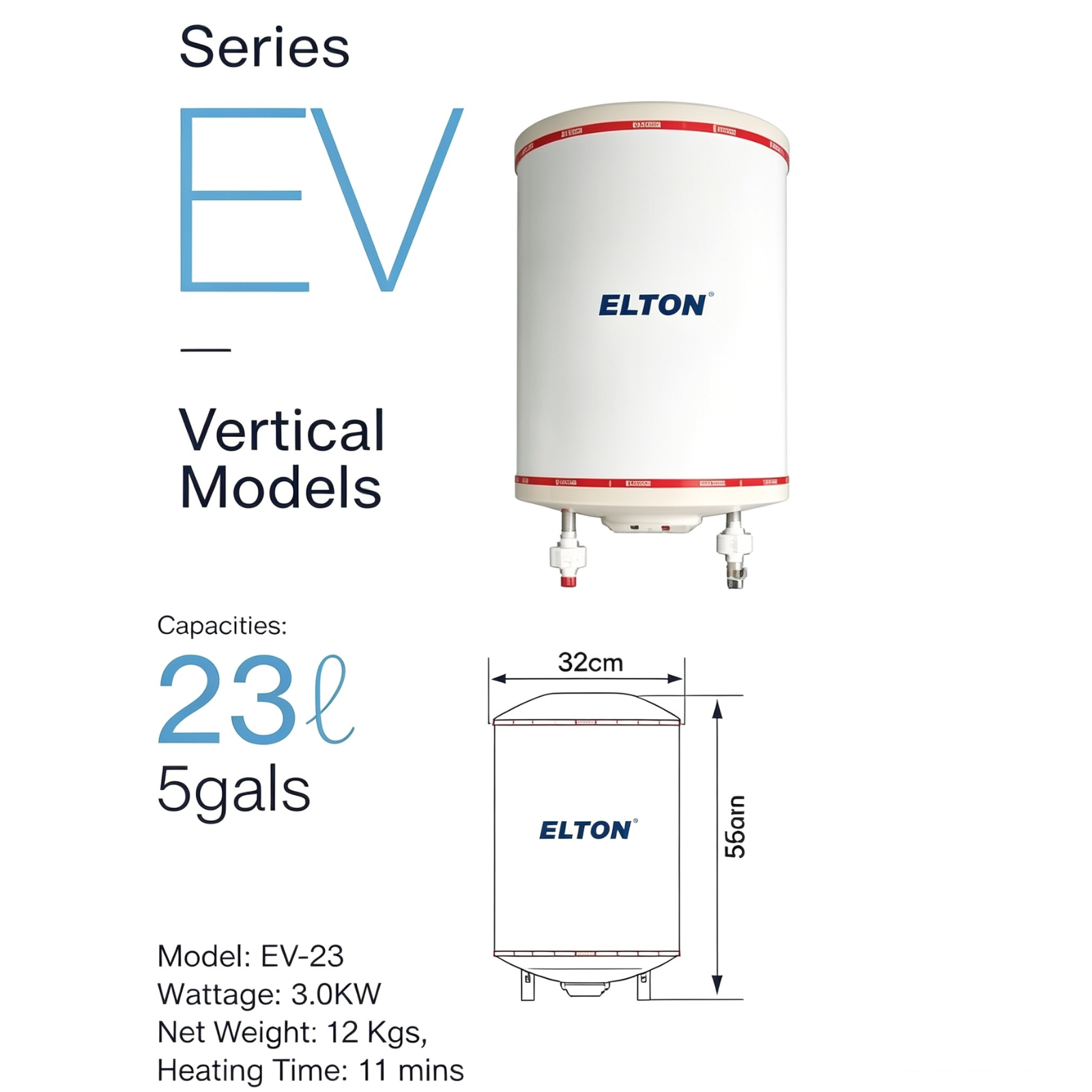 ELTON EV-23 Vertical Storage Water Heater 23 Litres 5 Gals 3.0KW White Stainless Steel Tank Hot Water System