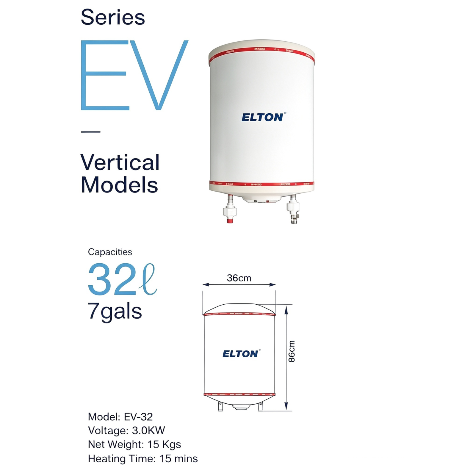 ELTON EV-32 Vertical Storage Water Heater 32 Litres 7 Gals 3.0KW White Stainless Steel Tank Hot Water System