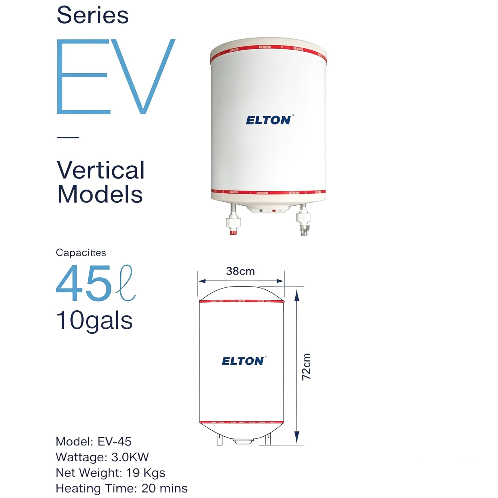 ELTON EV-45 Vertical Storage Water Heater 45 Litres 10 Gals 3.0KW White Stainless Steel Tank Hot Water System