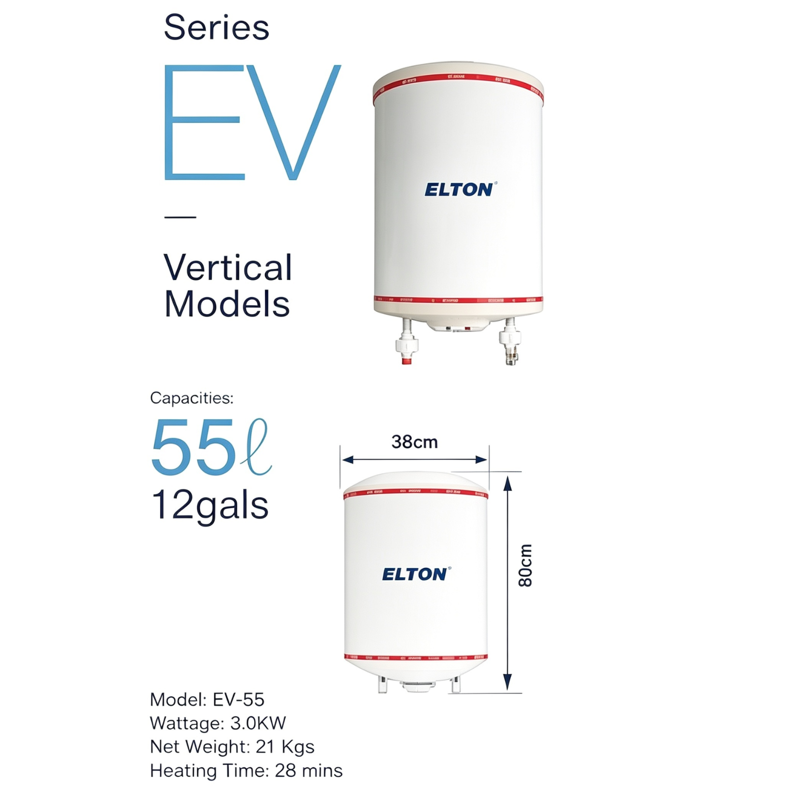 ELTON EV-55 Vertical Storage Water Heater 55 Litres 12 Gals 3.0KW White Stainless Steel Tank Hot Water System