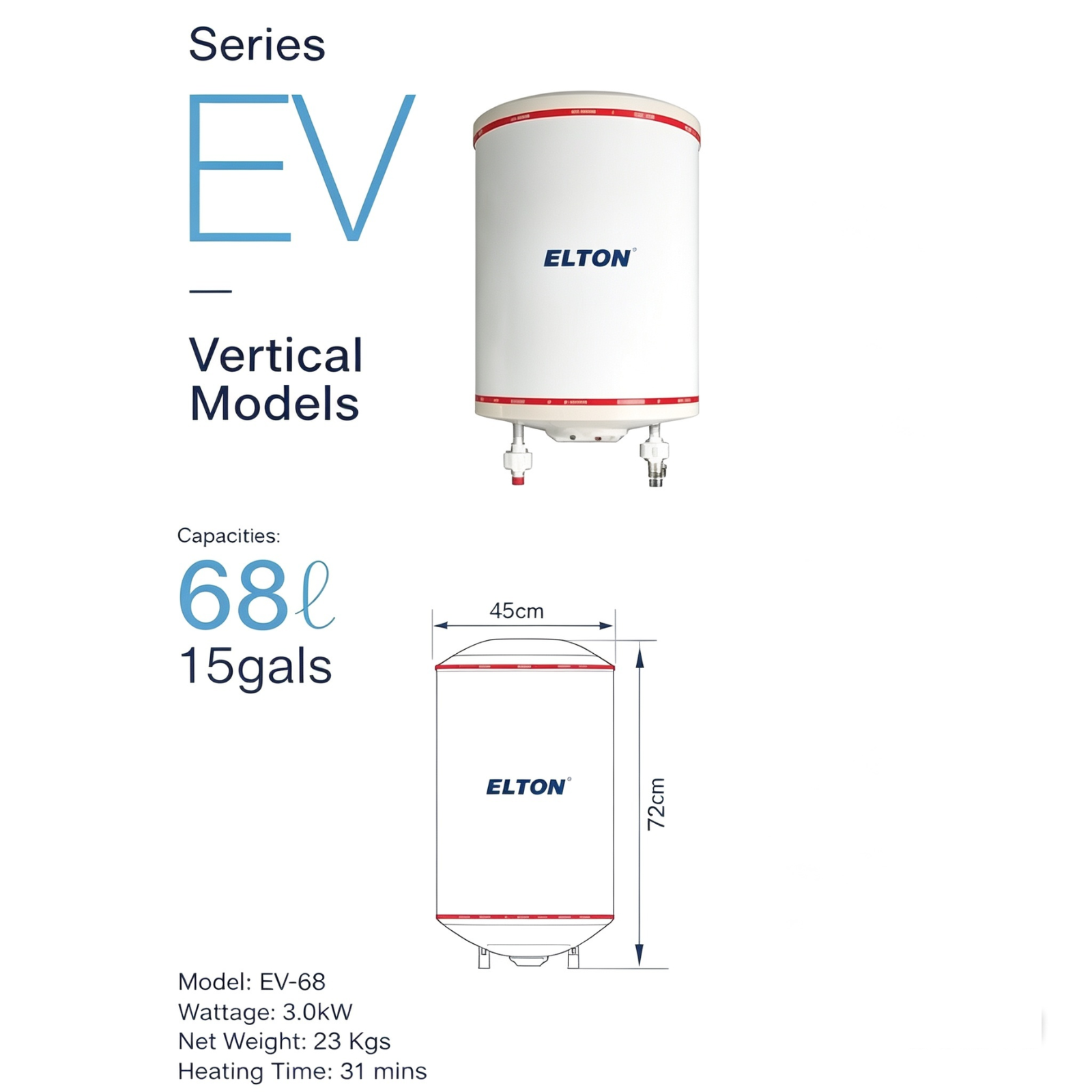 ELTON EV-68 Vertical Storage Water Heater 68 Litres 15 Gals 3.0KW White Stainless Steel Tank Hot Water System